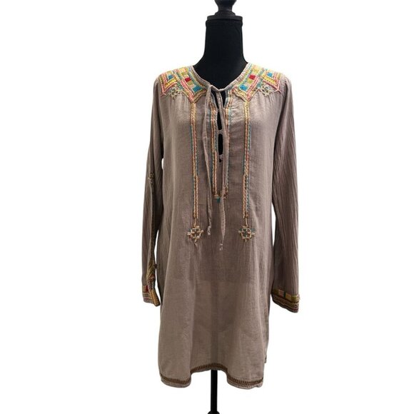 Johnny Was Biya Taupe Tunic Top Boho Embroidered Size Small - Picture 1 of 7